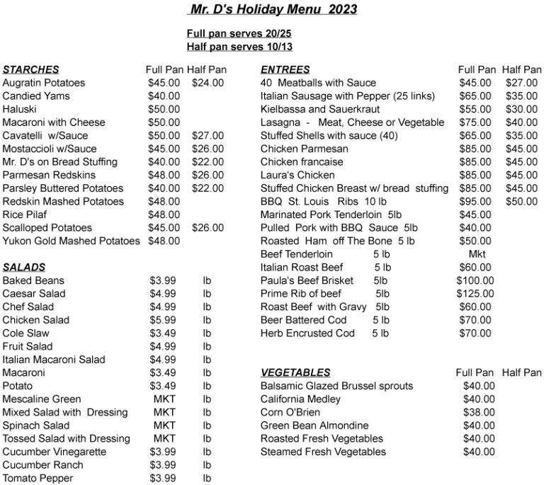 Holiday Menu 2023 Mr. Ds Foods